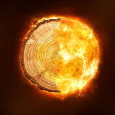A photoshopped image of a tree ring on a dark background, with one half on fire.